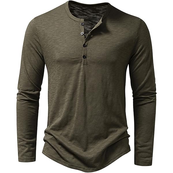 Men's Long Sleeve Henry Shirt Cotton Collar T-Shirt Fashion Casual